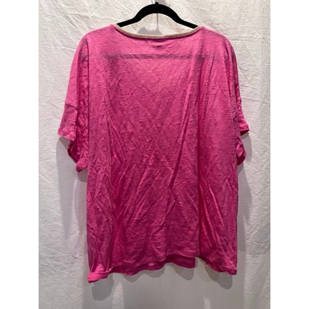 Chico's Shirt 100% Linen Short Sleeve V Neck Pink Gold Sparkle Sz XXL Preppy - Picture 2 of 7